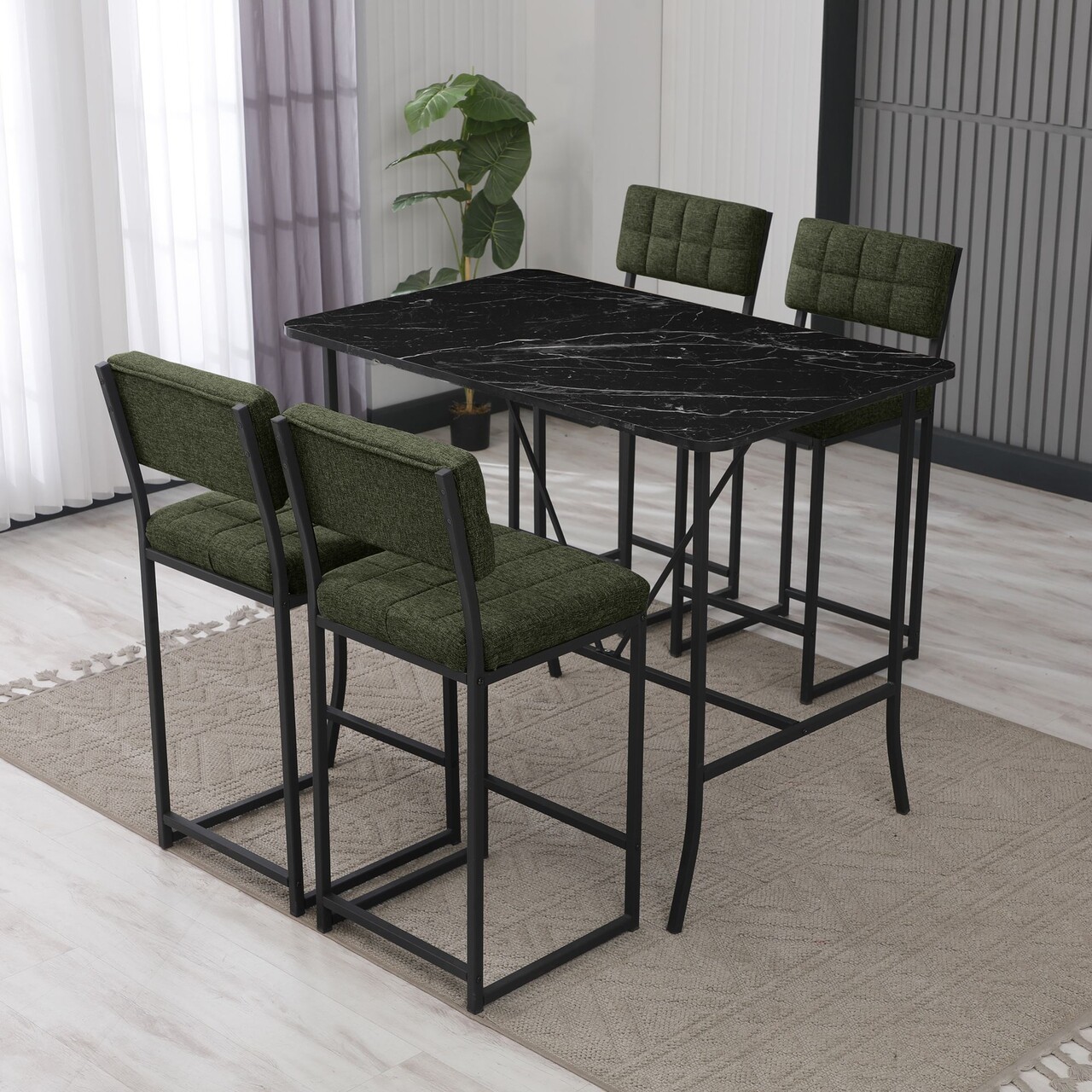 Set masa si 4 scaune de bar, Hanah Home, Retro, Verde/Negru - imagine 7